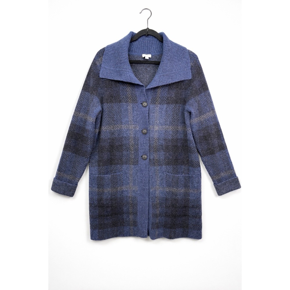 J. Jill Ribbed-Collar Plaid Sweater-Jacket Blue Gray‎ Women's Size M Wool Blend
